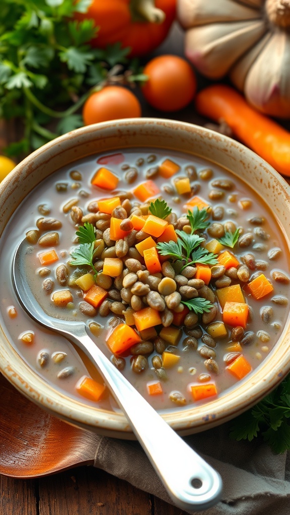 A bowl of vegan lentil soup with carrots and parsley, served with a wooden spoon and fresh vegetables in the background.